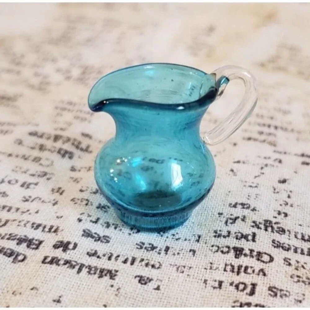 Artsy, Colorful - Vtg Miniature Handblown Turquoise Blue Pitcher w/ Clear Handle